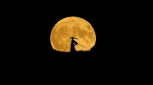 Samurai silhouette in front of moon