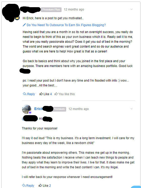 Image shows a comment exchange on the wealthy affiliate platform