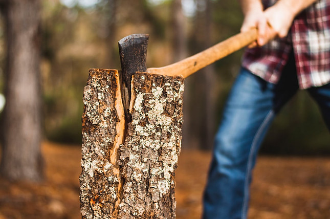 Image shows a man splitting an upright log with an axe