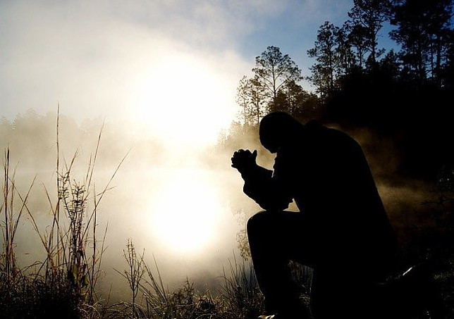 Image shows a man with his head bowed in prayer sitting by a pond reflecting the morning sunlight